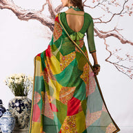 Green multi-color patchwork printed georgette saree casual wear