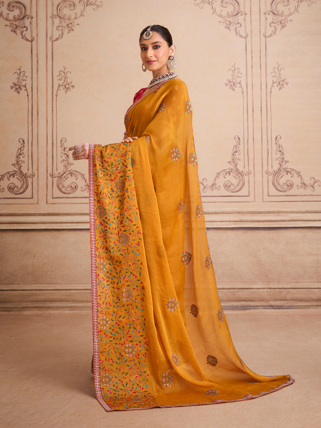 Orange floral embroidered chiffon saree daily wear