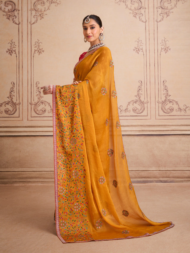 Orange floral embroidered chiffon saree daily wear