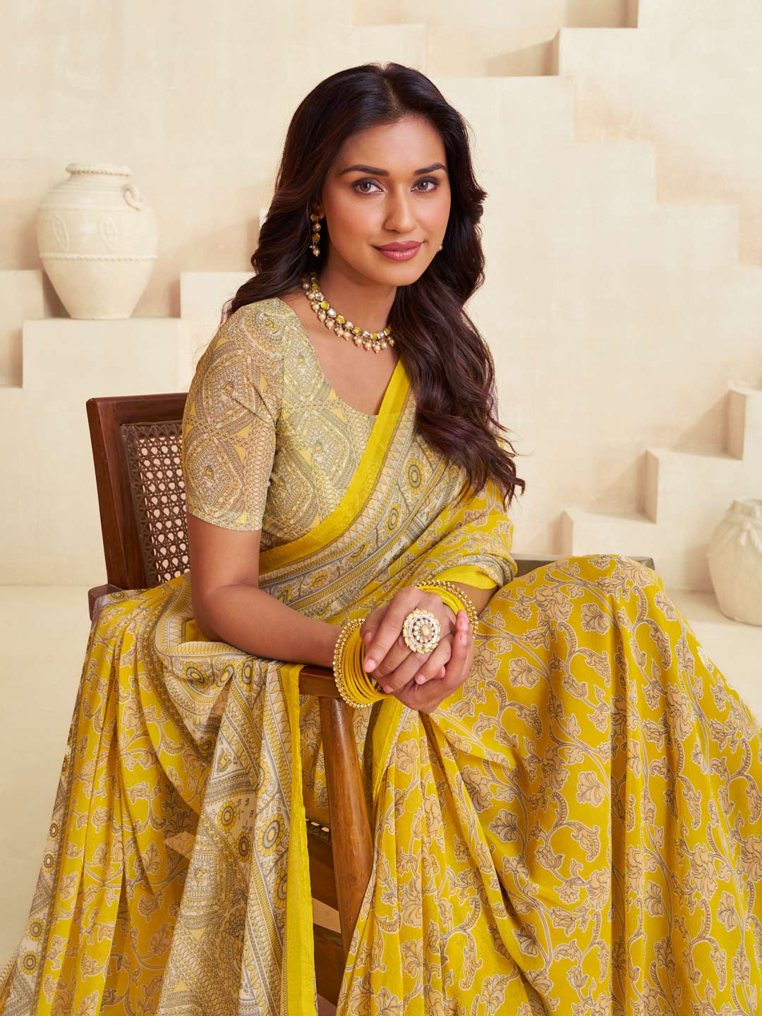 Yellow stylish printed saree look