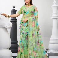 Green floral printed georgette saree daily wear