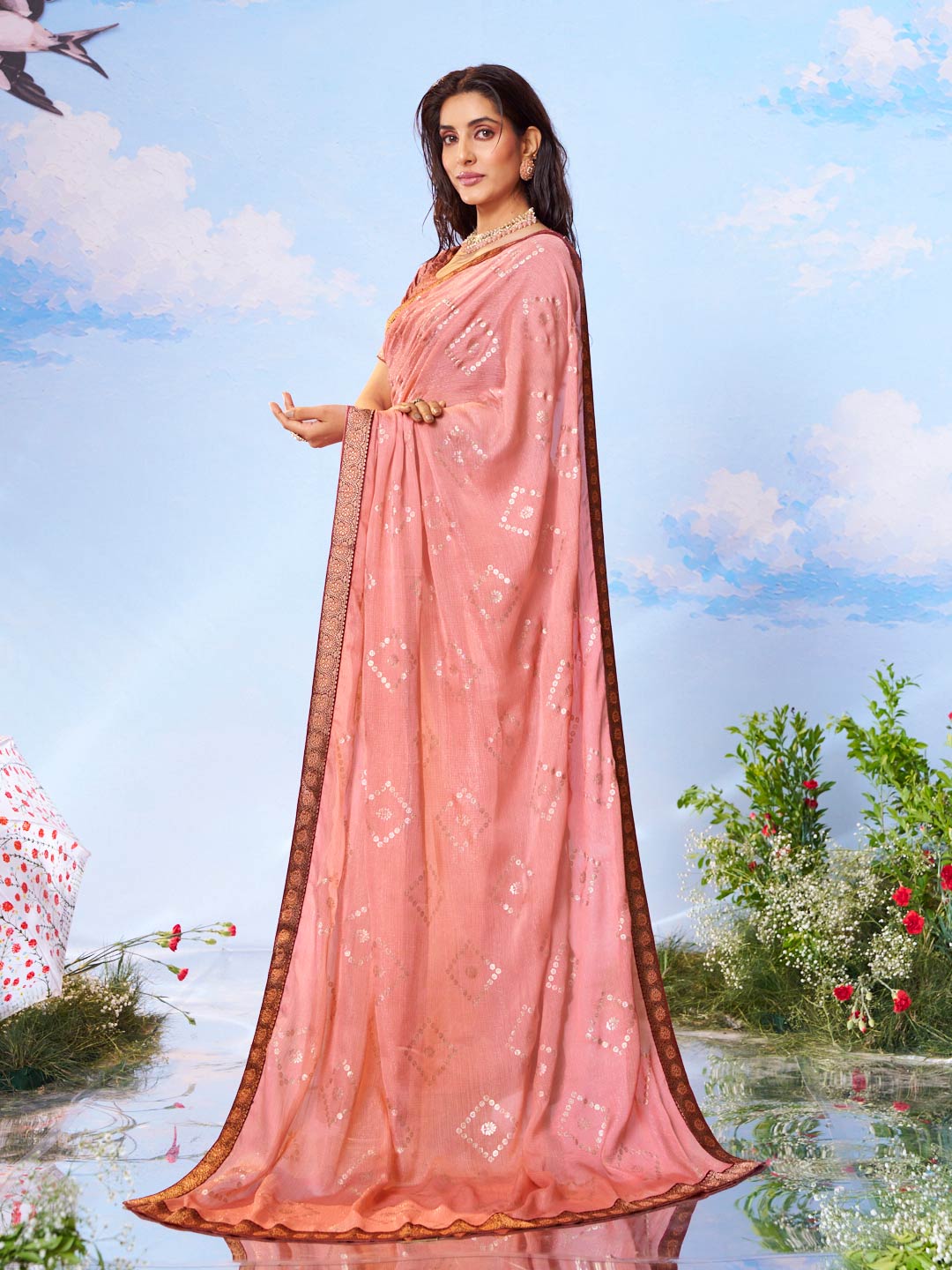 pink embroidered silk saree festive wear