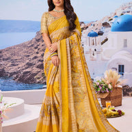 Yellow floral printed chiffon saree casual style
