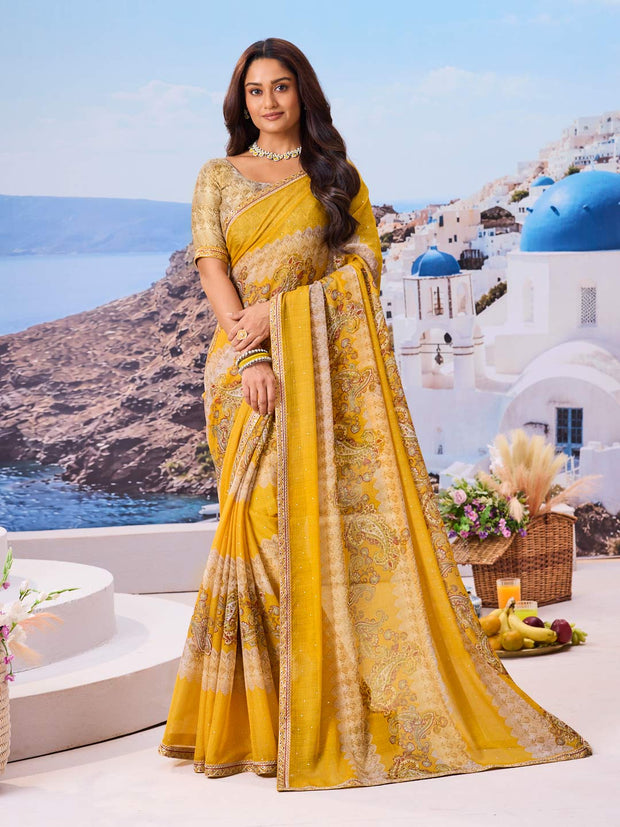 Yellow floral printed chiffon saree casual style