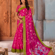 Pink floral printed chiffon saree festive wear