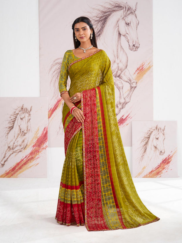Laxmipati Murli Olive Green Chiffon Floral Saree