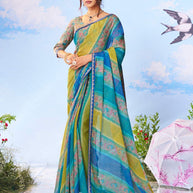 Blue floral printed georgette saree party wear 