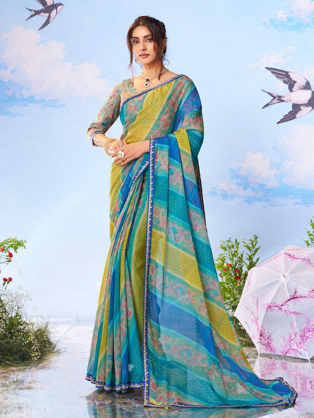 Blue floral printed georgette saree party wear 