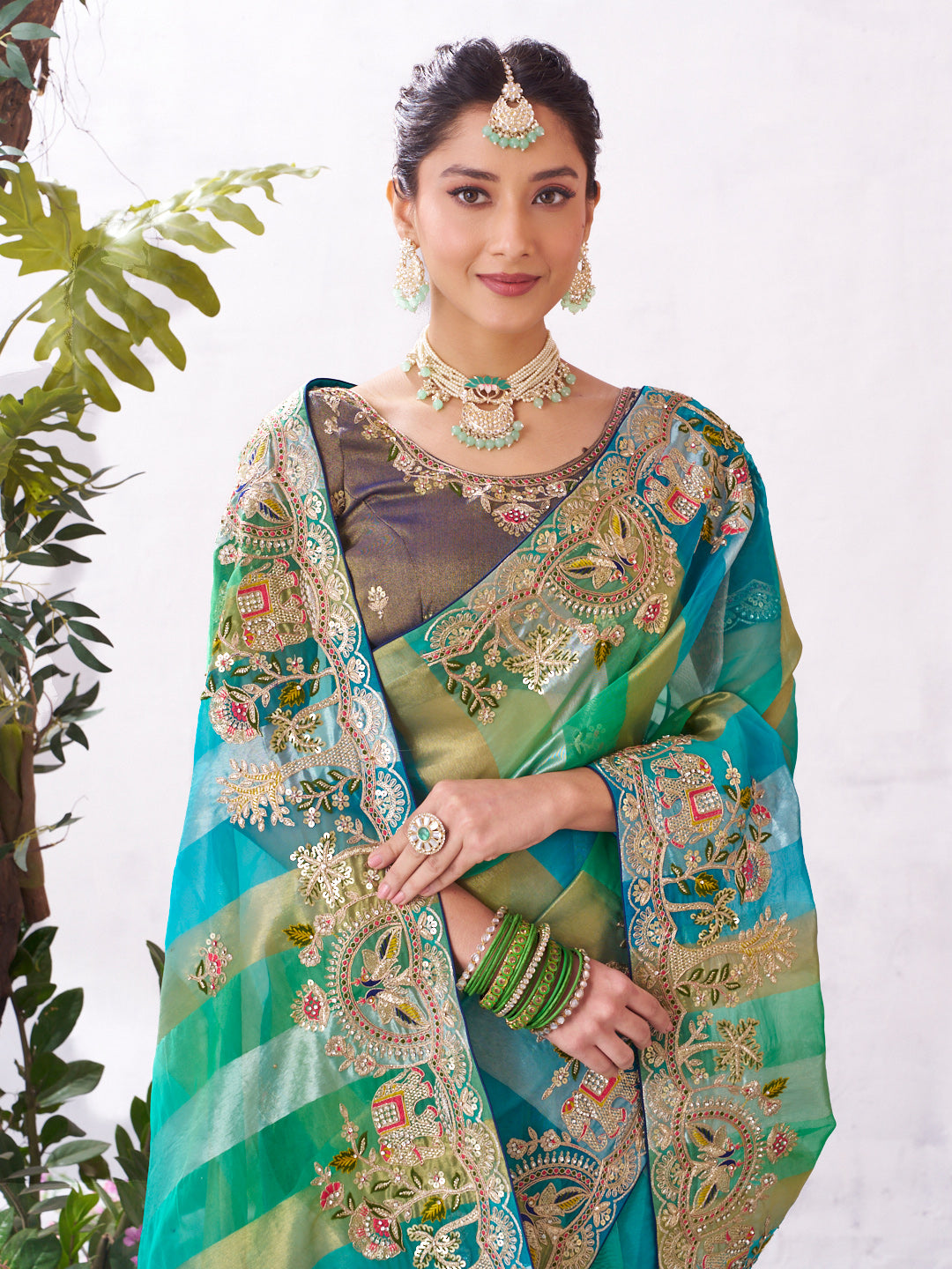 Green floral embroidery saree premium look