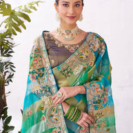 Green floral embroidery saree premium look