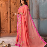 Pink floral printed silk blend saree daily wear