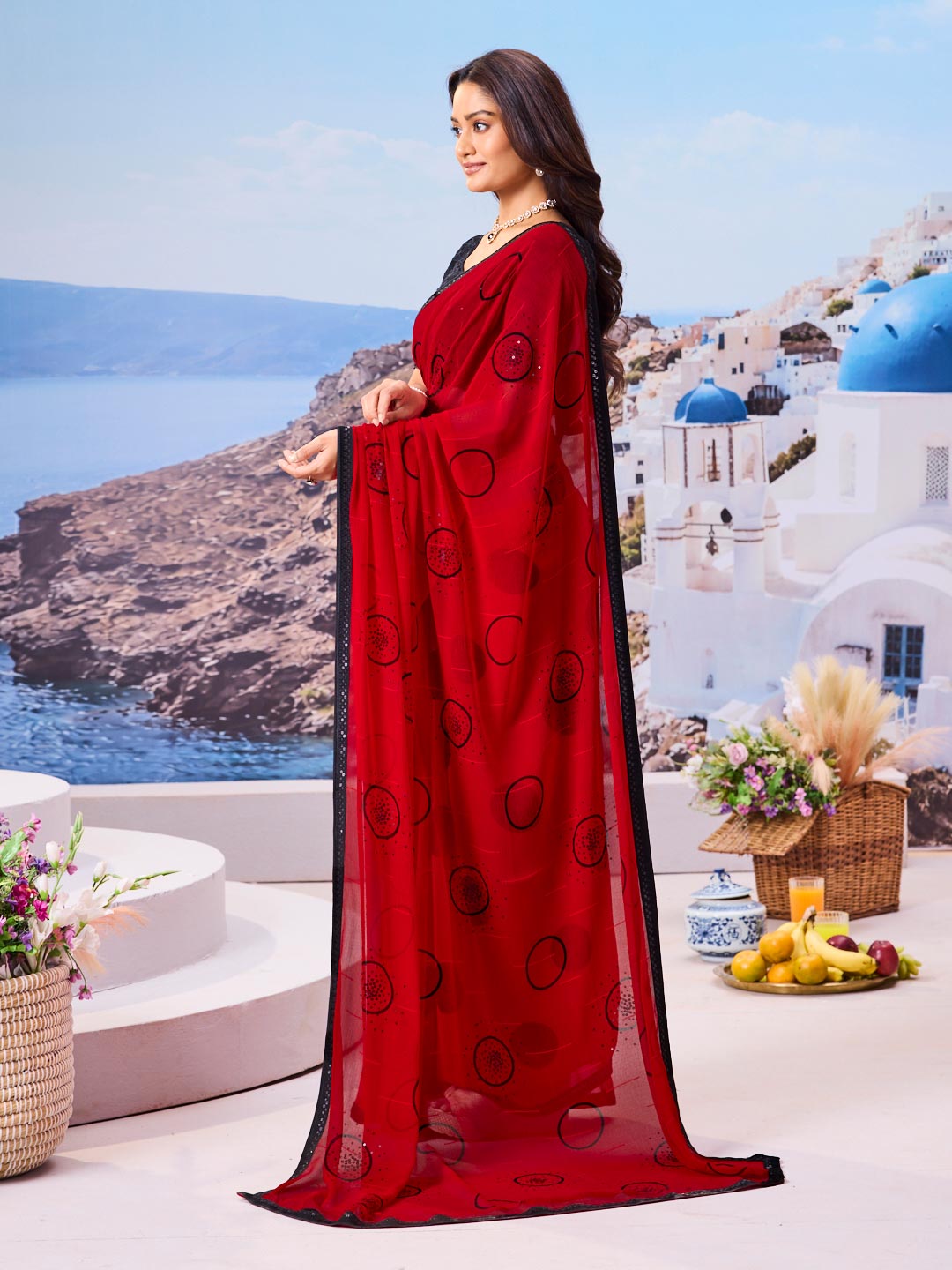 Stylish red sequin saree festive look