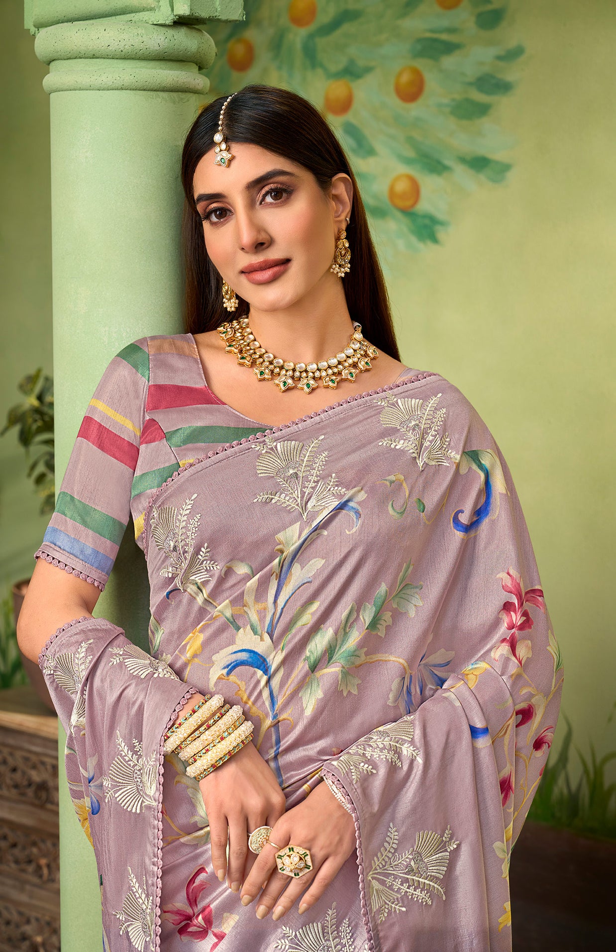 purple embroidered silk blend saree wedding wear
