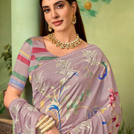 purple embroidered silk blend saree wedding wear
