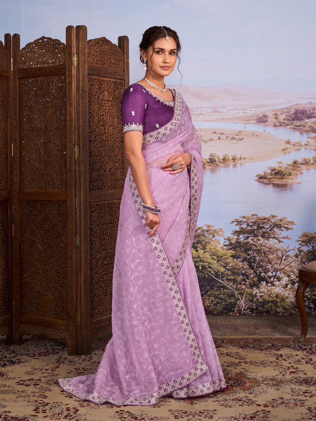 Purple floral embroidered chiffon saree casual wear