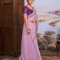 Purple floral embroidered chiffon saree casual wear