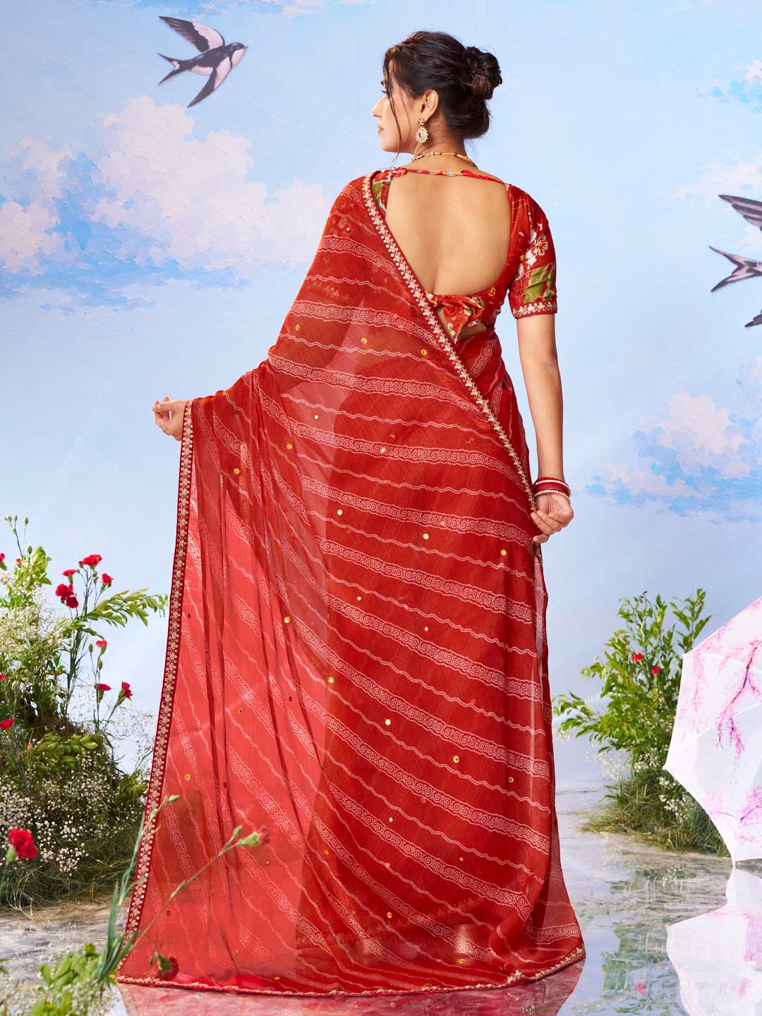 Red striped printed silk blend saree daily wear