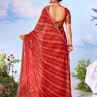 Red striped printed silk blend saree daily wear