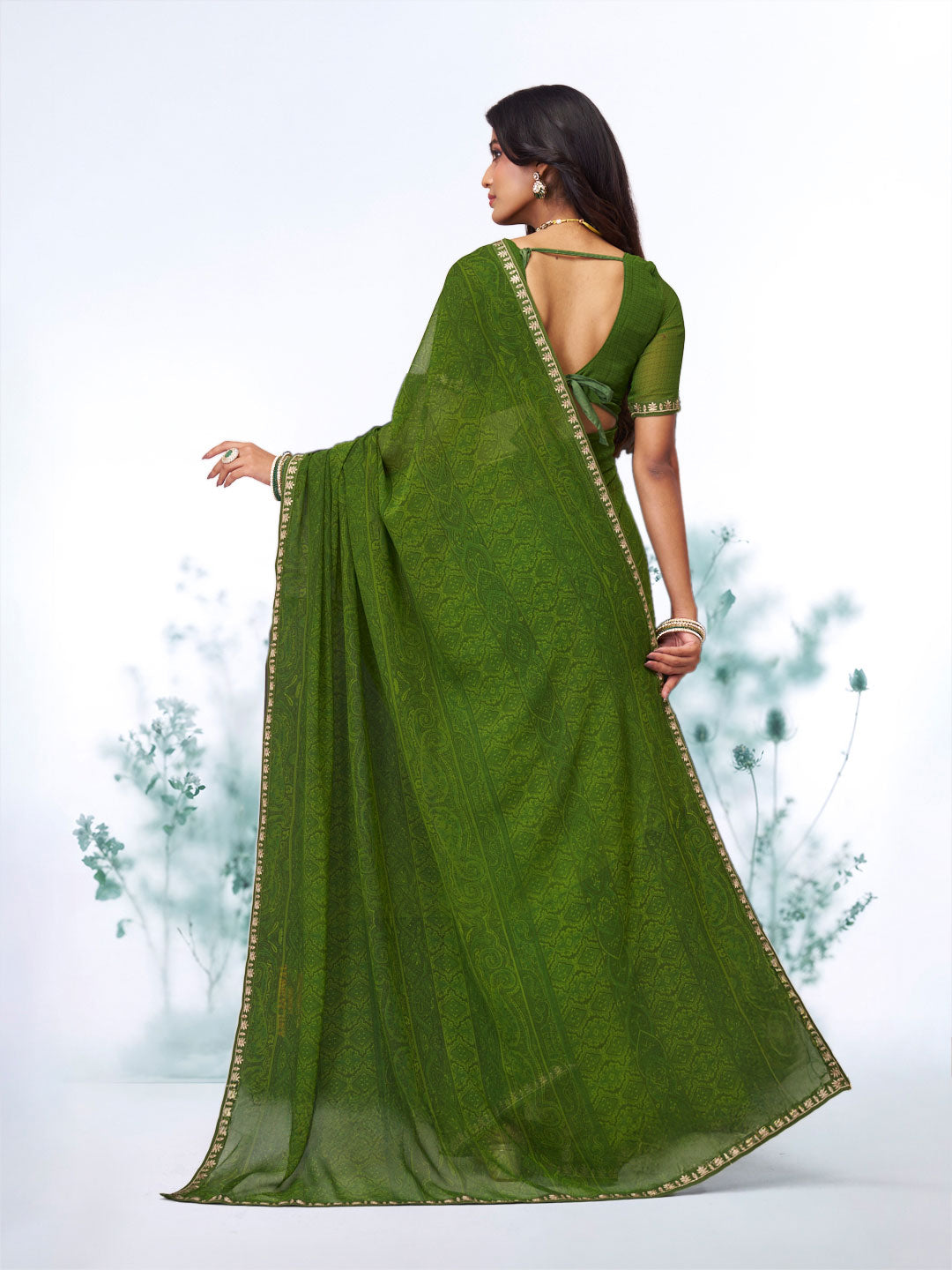 Green floral printed georgette saree party wear
