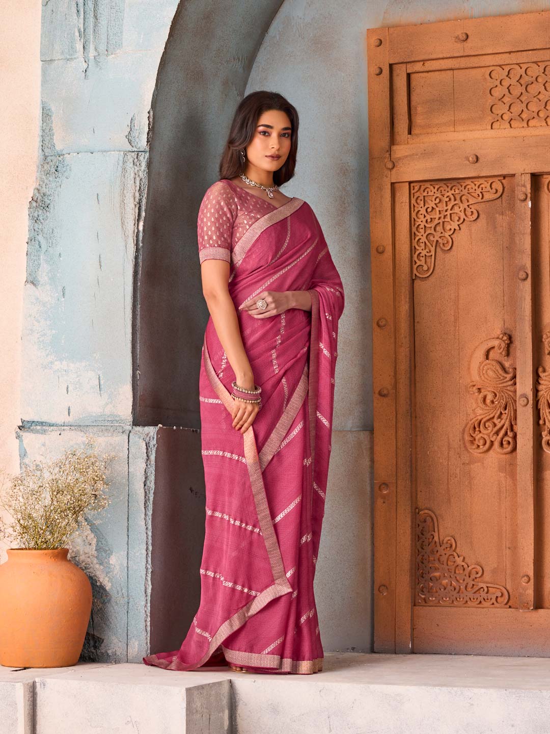 Pink striped silk blend saree festive wear