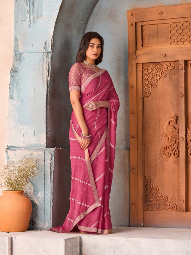Pink striped silk blend saree festive wear