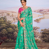 Green floral embroidered chiffon saree festive wear