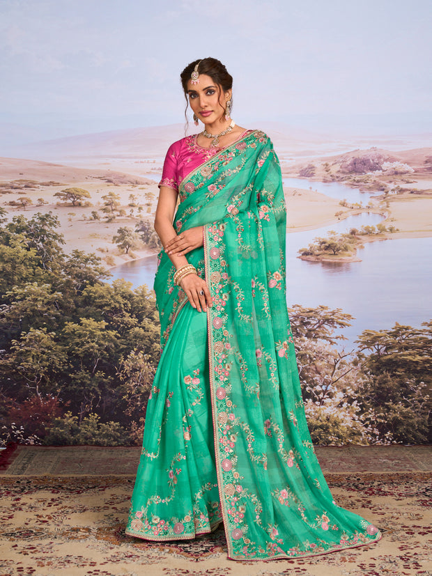 Green floral embroidered chiffon saree festive wear