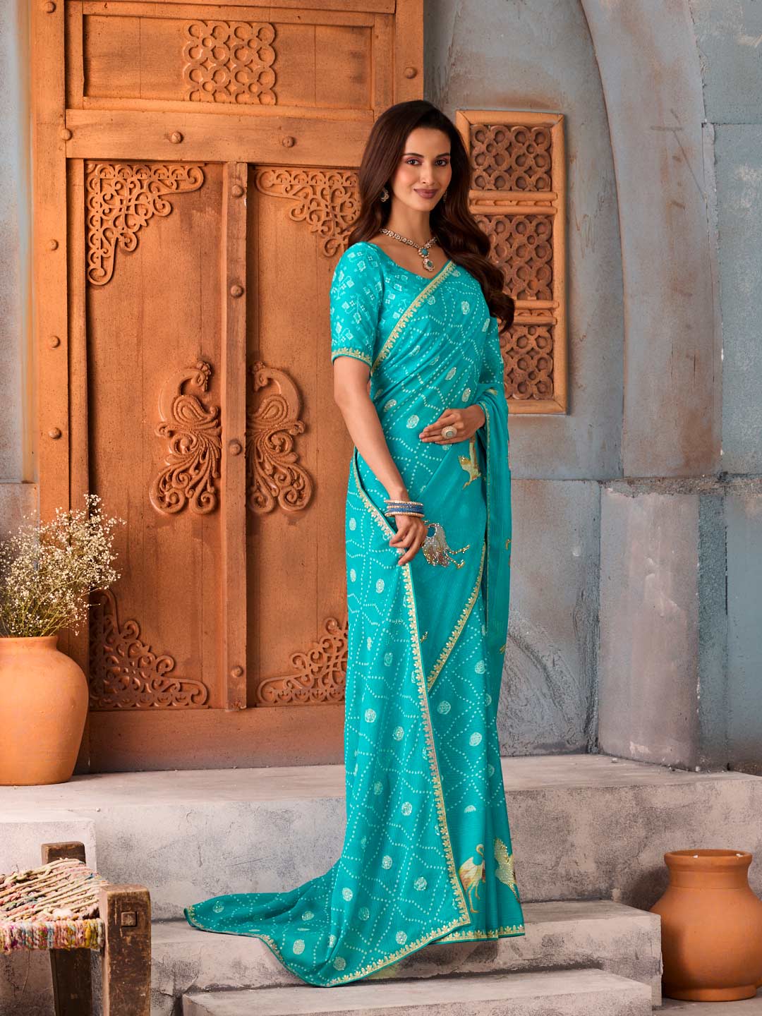 Blue geometric printed silk blend saree festive wear