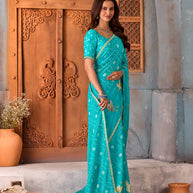 Blue geometric printed silk blend saree festive wear