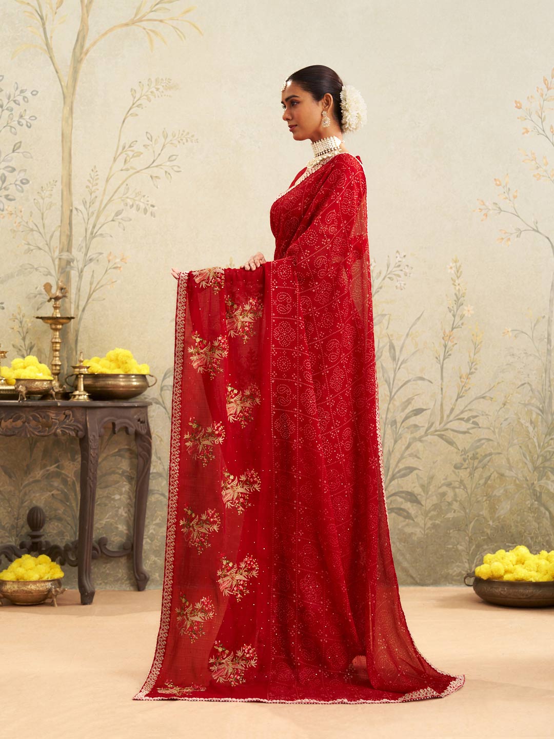 Red embroidered chiffon saree daily wear