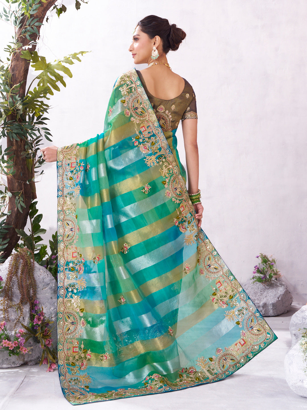 Green stylish embroidered saree