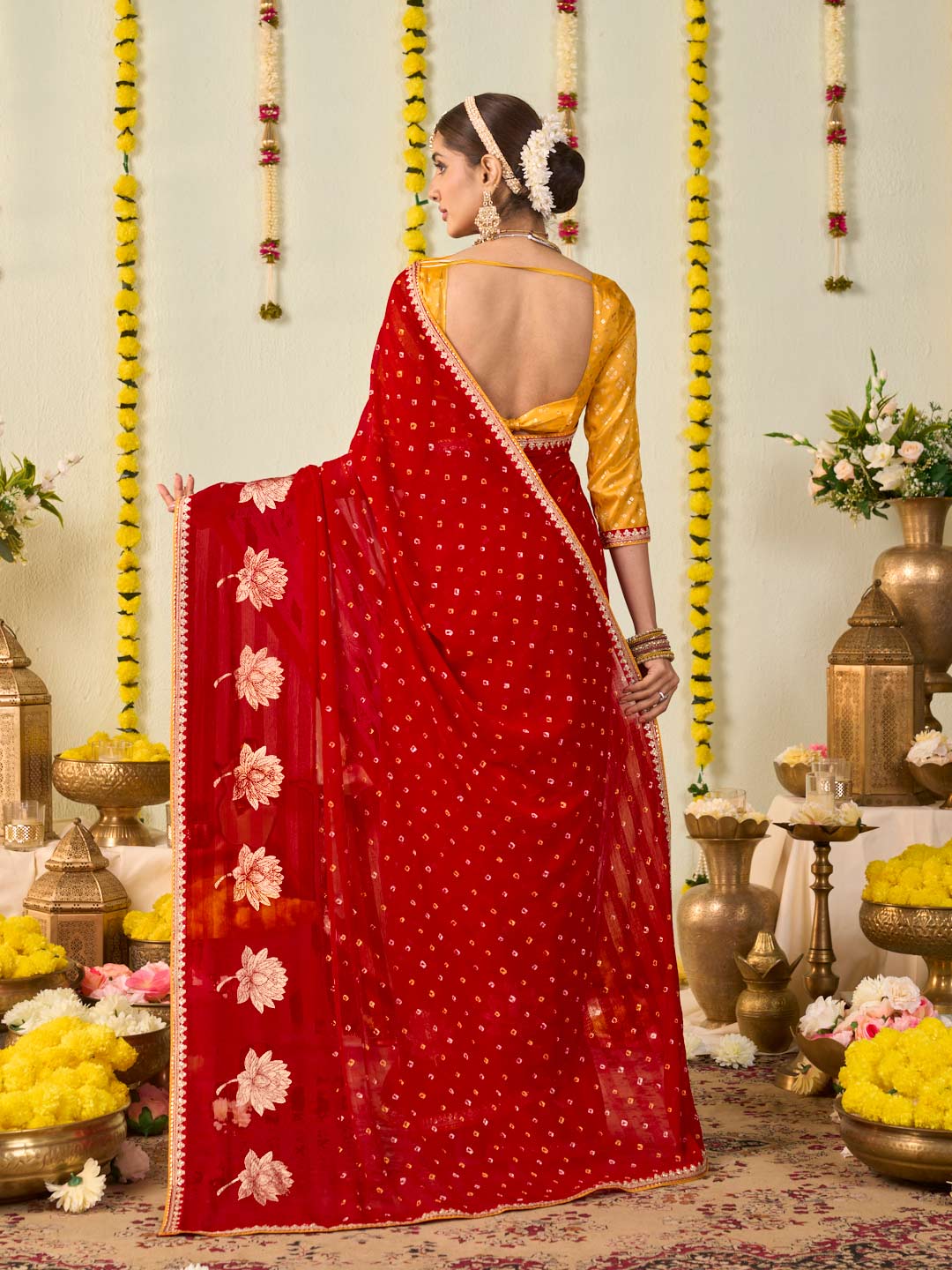 Red bandhani printed georgette saree party wear