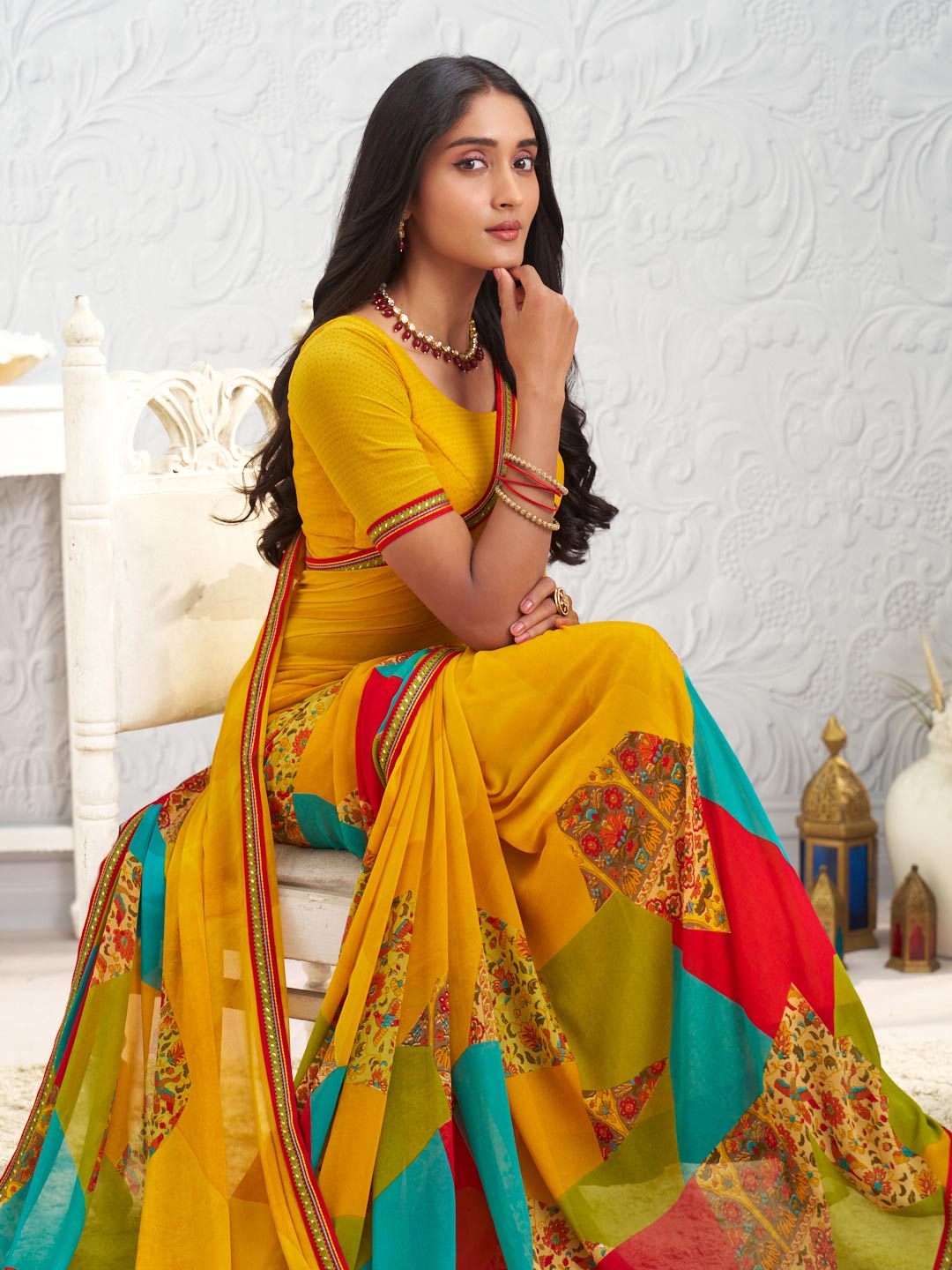 Yellow floral printed georgette saree wedding wear