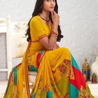 Yellow floral printed georgette saree wedding wear