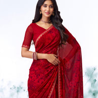 Red abstract printed georgette saree wedding wear