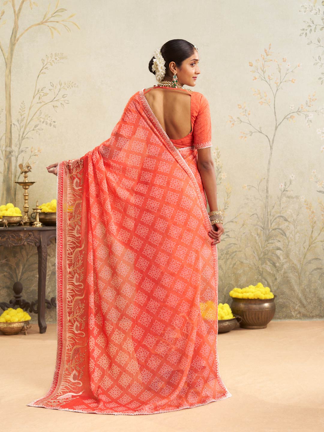 Orange embroidered chiffon saree festive wear