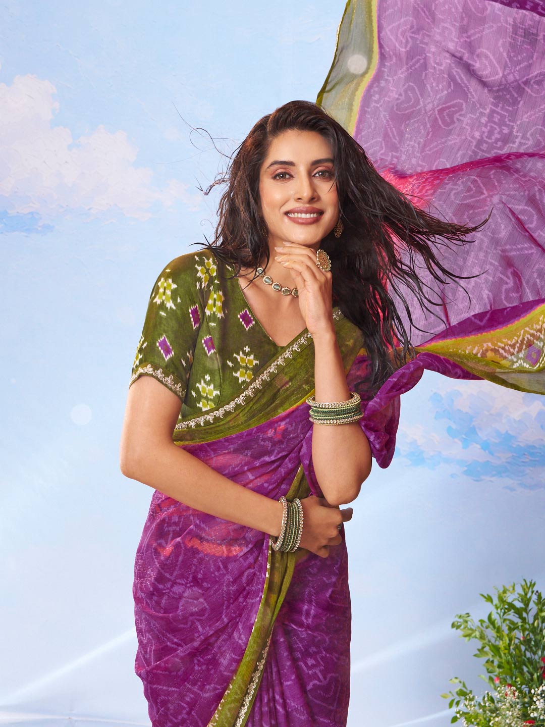 Purple printed chiffon saree wedding wear