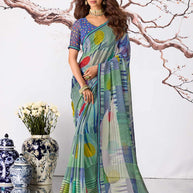 Blue abstract geometric printed georgette saree daily wear