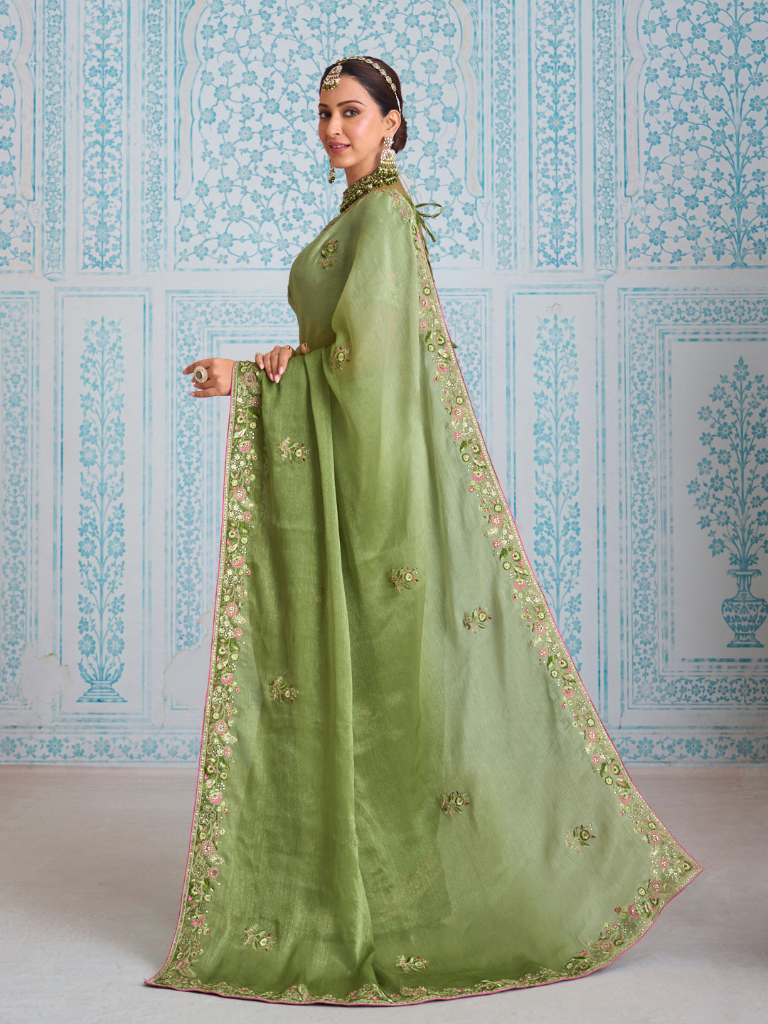 Laxmipati Aanya Green Chiffon Embroidered Saree