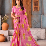 Pink floral embellished chiffon saree party wear