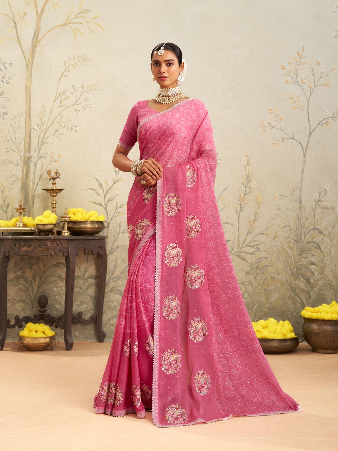 Pink floral embroidered chiffon saree party wear