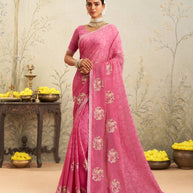 Pink floral embroidered chiffon saree party wear