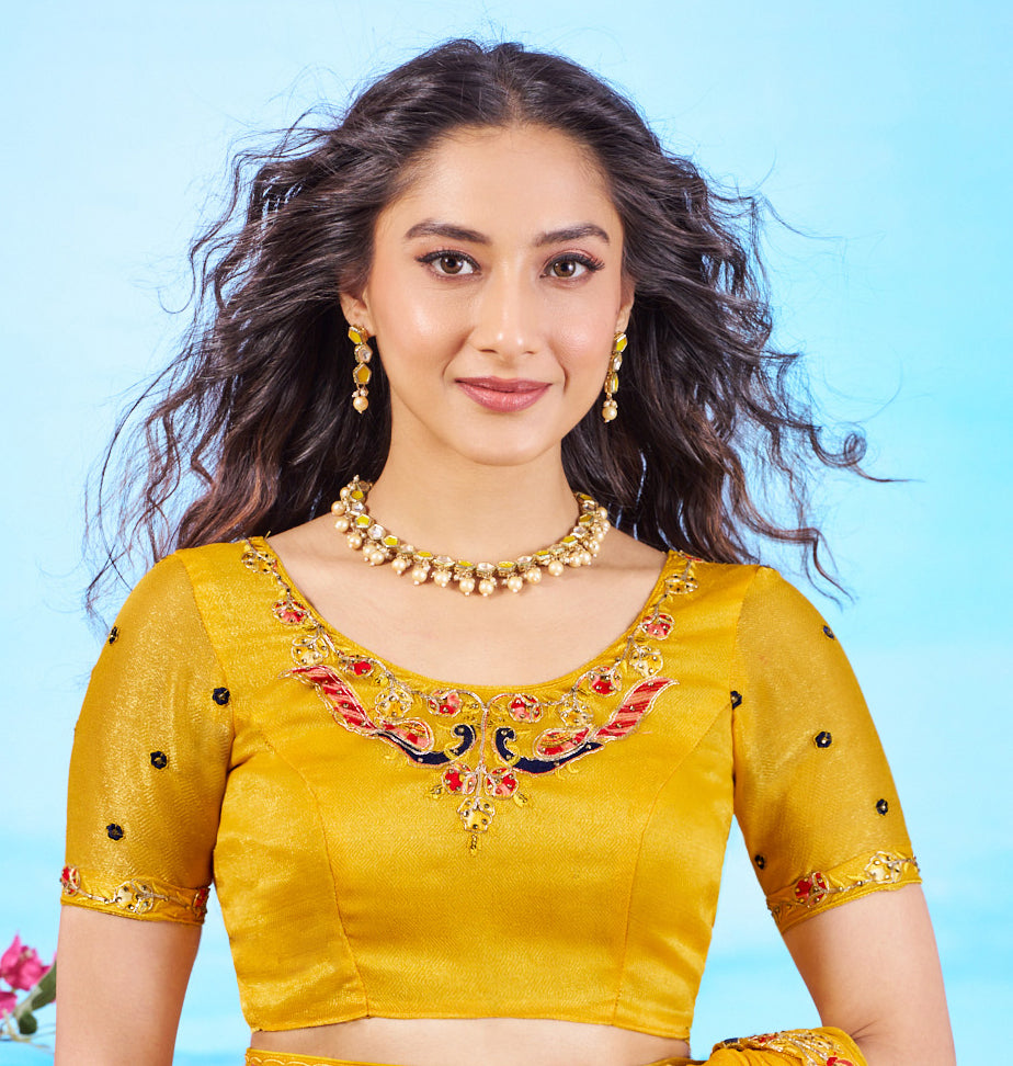  Yellow embroidered chiffon saree haldi wear