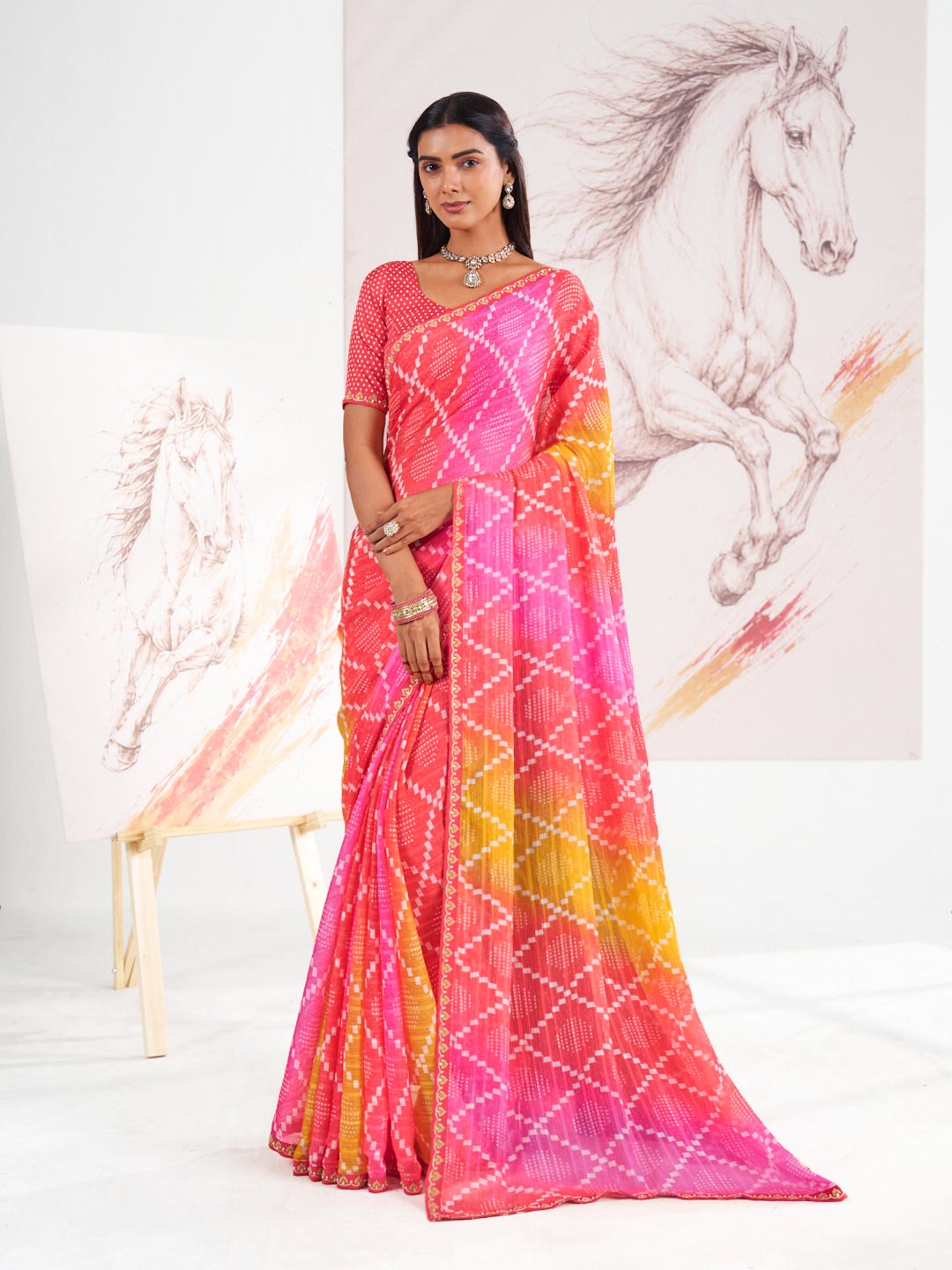 Laxmipati Murli Pink Chiffon Geometric Saree