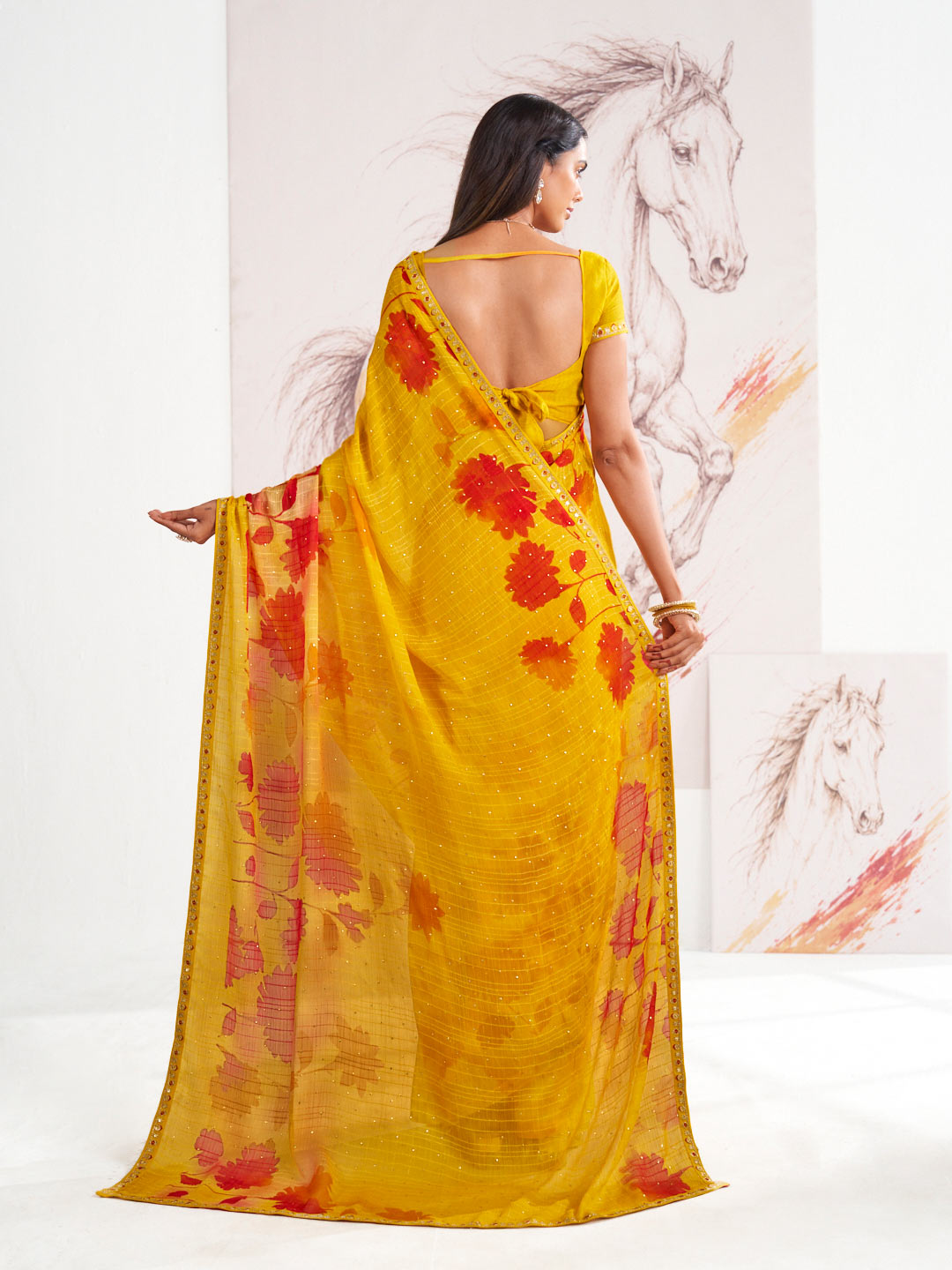 Laxmipati Murli Yellow Chiffon Floral Saree