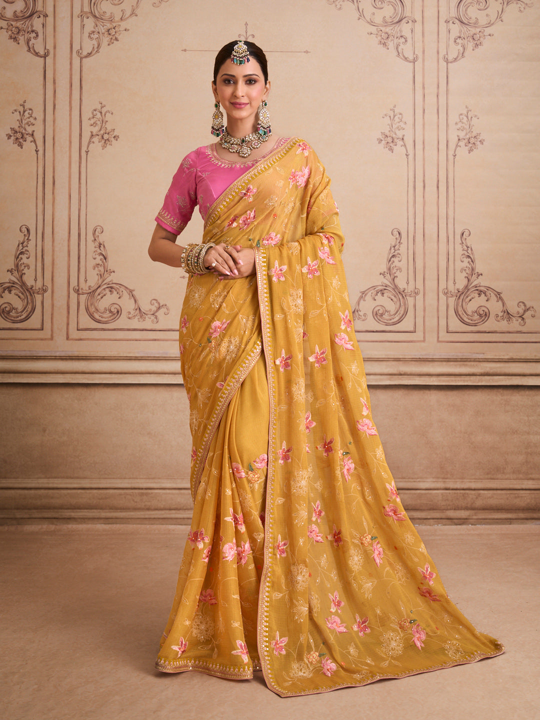 Yellow embroidered tissue organza saree festive wear