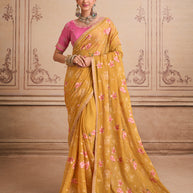 Yellow embroidered tissue organza saree festive wear