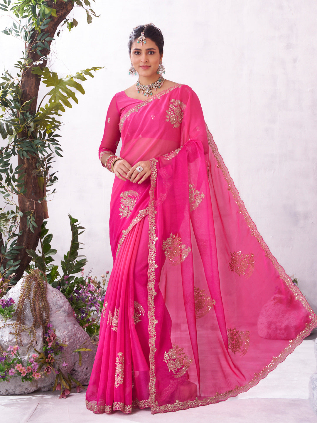 Pink floral embroidered organza saree elegant wear