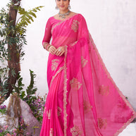 Pink floral embroidered organza saree elegant wear