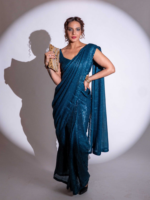 Blue sequin embroidered georgette saree festive wear
